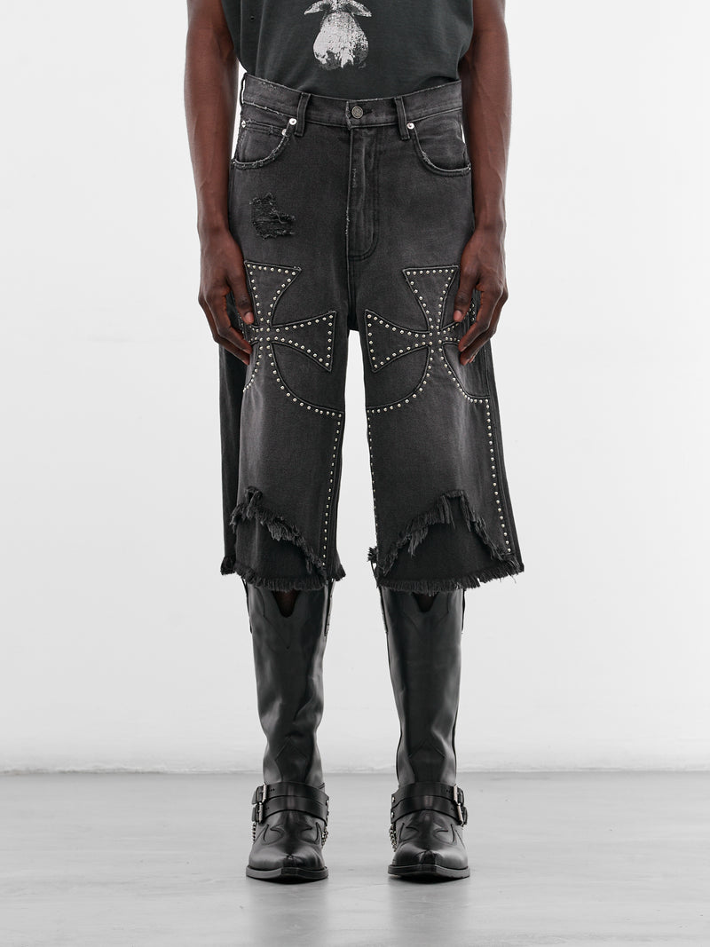Black Studded Chopper Carpenter Shorts (SEK-ONT06-WASHED-BLACK-SS26)