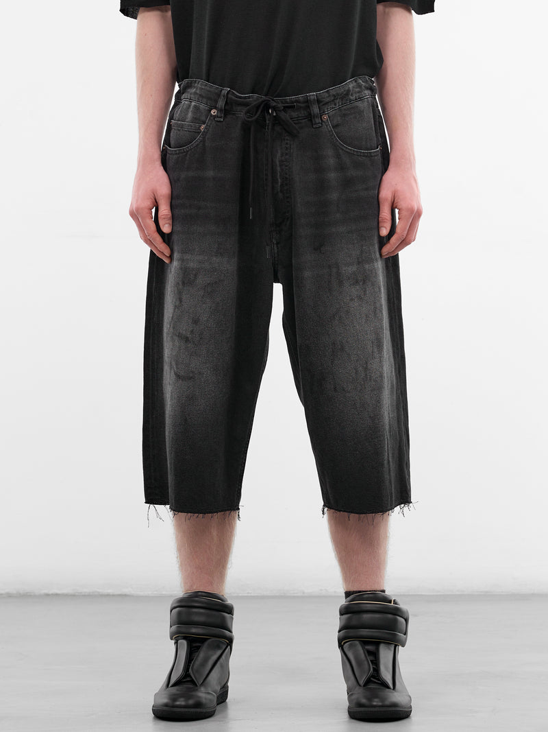 Black Denim Cut-Off Drawstring Shorts (SH0MU0014-M30064-961-BLACK)