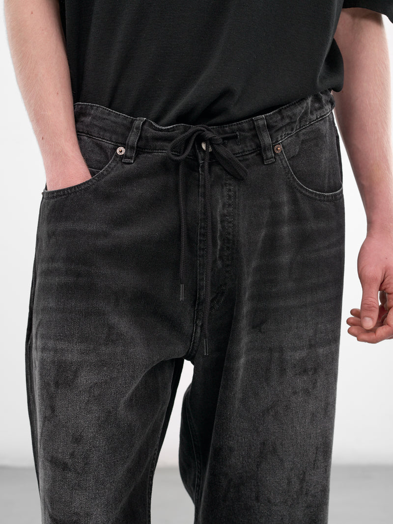 Black Denim Cut-Off Drawstring Shorts (SH0MU0014-M30064-961-BLACK)