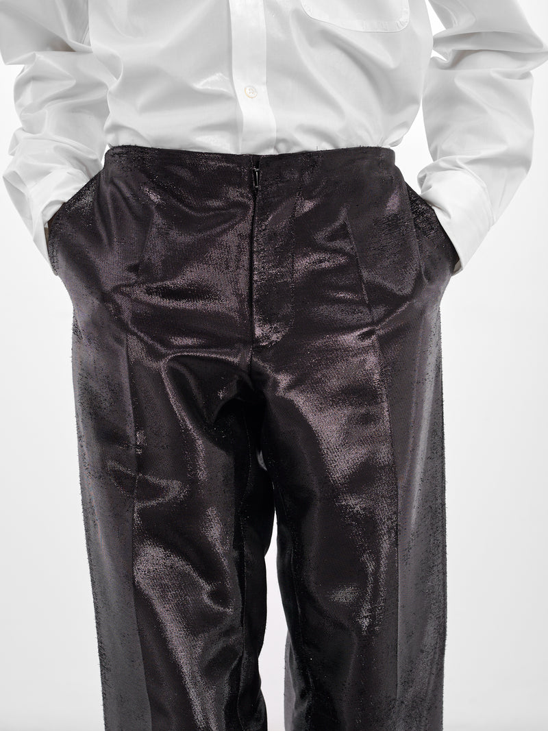 Black Distressed Jacquard Shine Trousers (SH2KA0036-M35610-900-BLACK)