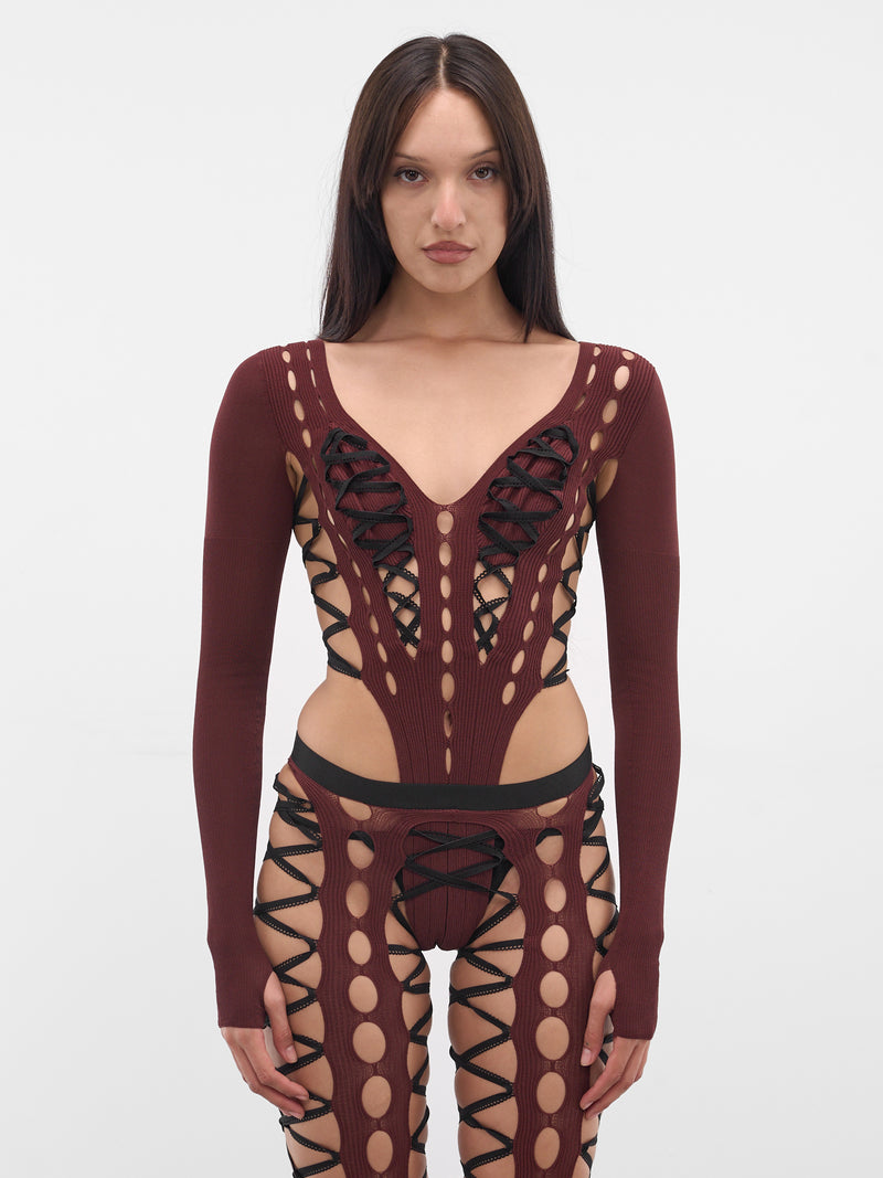 Burgundy Shibari Long Sleeve Bodysuit (SHIBARI-KNIT-OPEN-SIDE-BURGUND)
