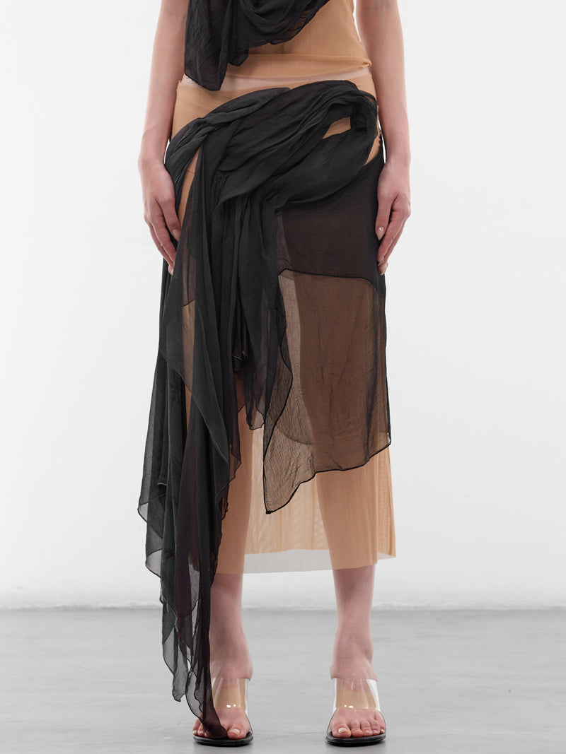 Draped Silk & Mesh Midi Skirt (SK-SIM-1-BLACK-MESH)