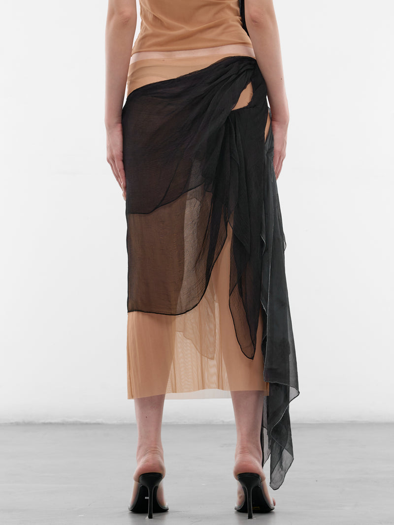 Draped Silk & Mesh Midi Skirt (SK-SIM-1-BLACK-MESH)
