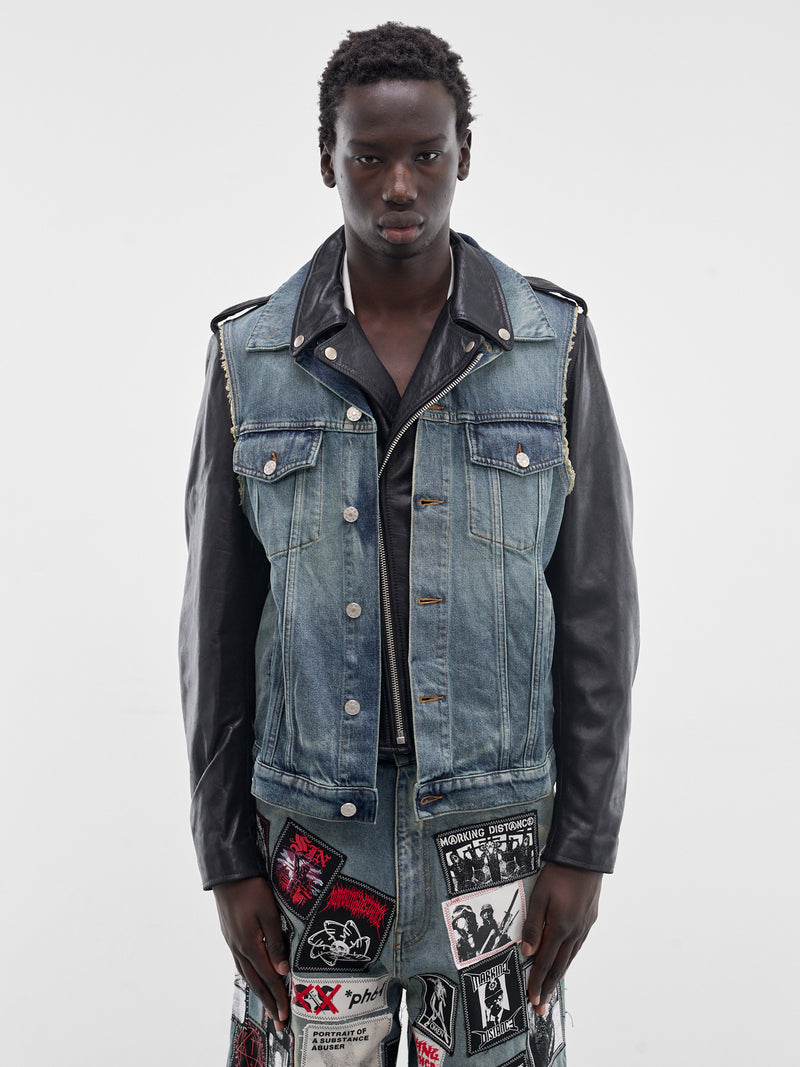 Layered Denim & Leather Biker Jacket (SMJ03AP-PE244-999-BLACK-BLUE)