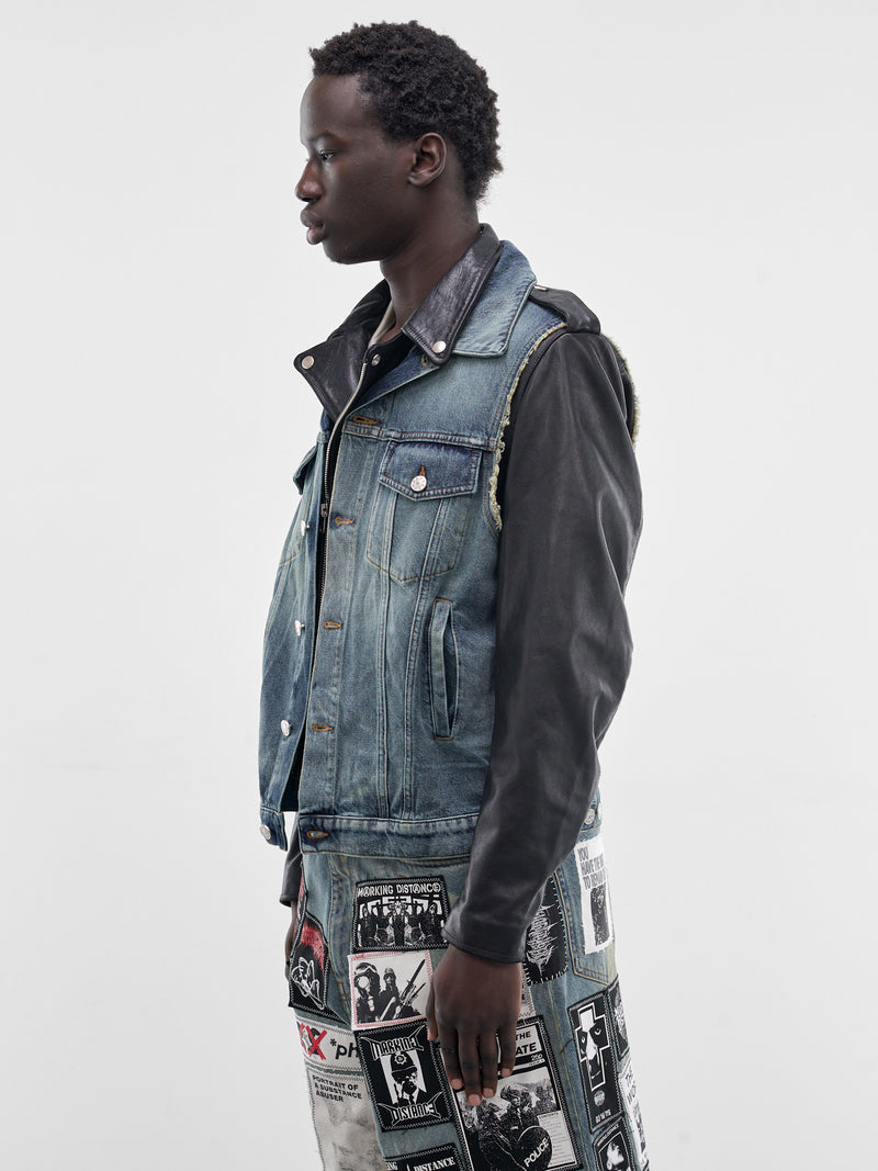 Layered Denim & Leather Biker Jacket (SMJ03AP-PE244-999-BLACK-BLUE)