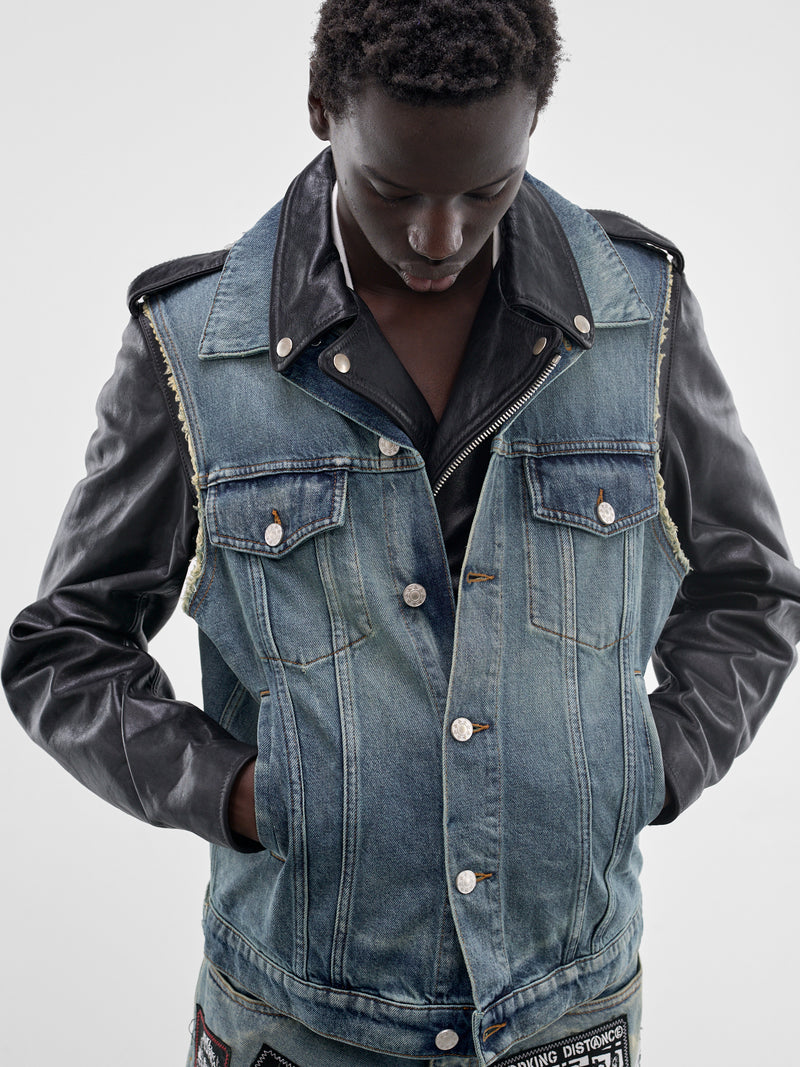 Layered Denim & Leather Biker Jacket (SMJ03AP-PE244-999-BLACK-BLUE)