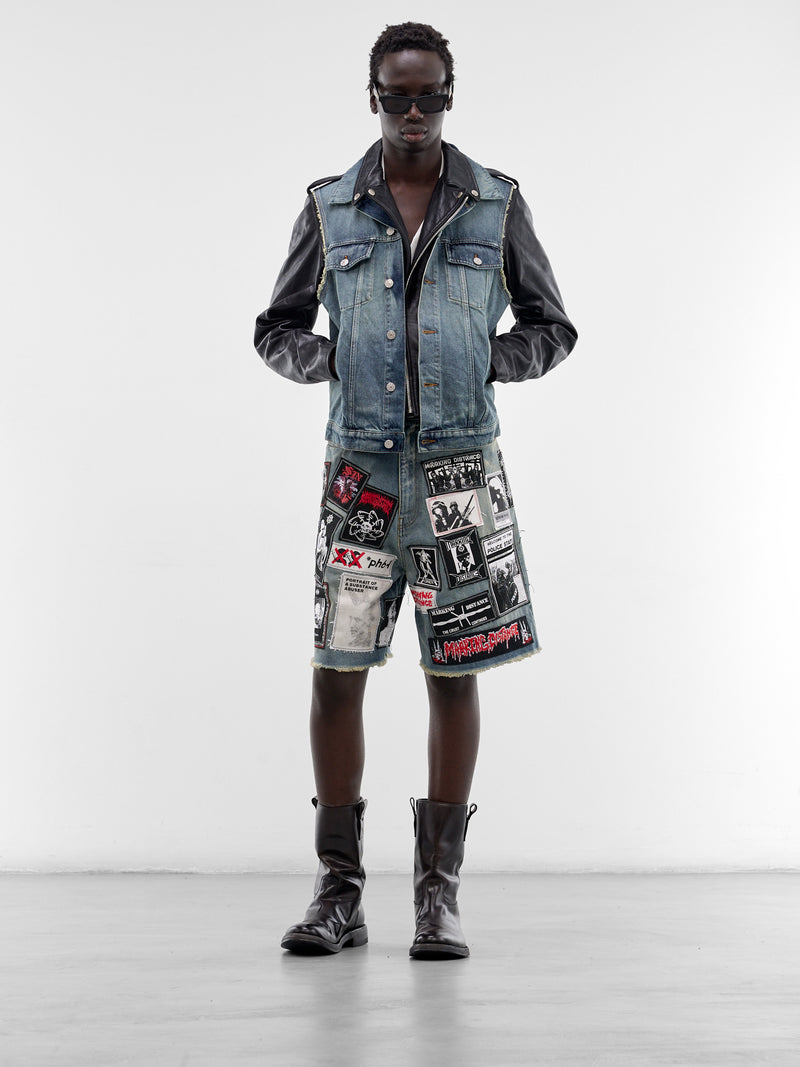 Layered Denim & Leather Biker Jacket (SMJ03AP-PE244-999-BLACK-BLUE)