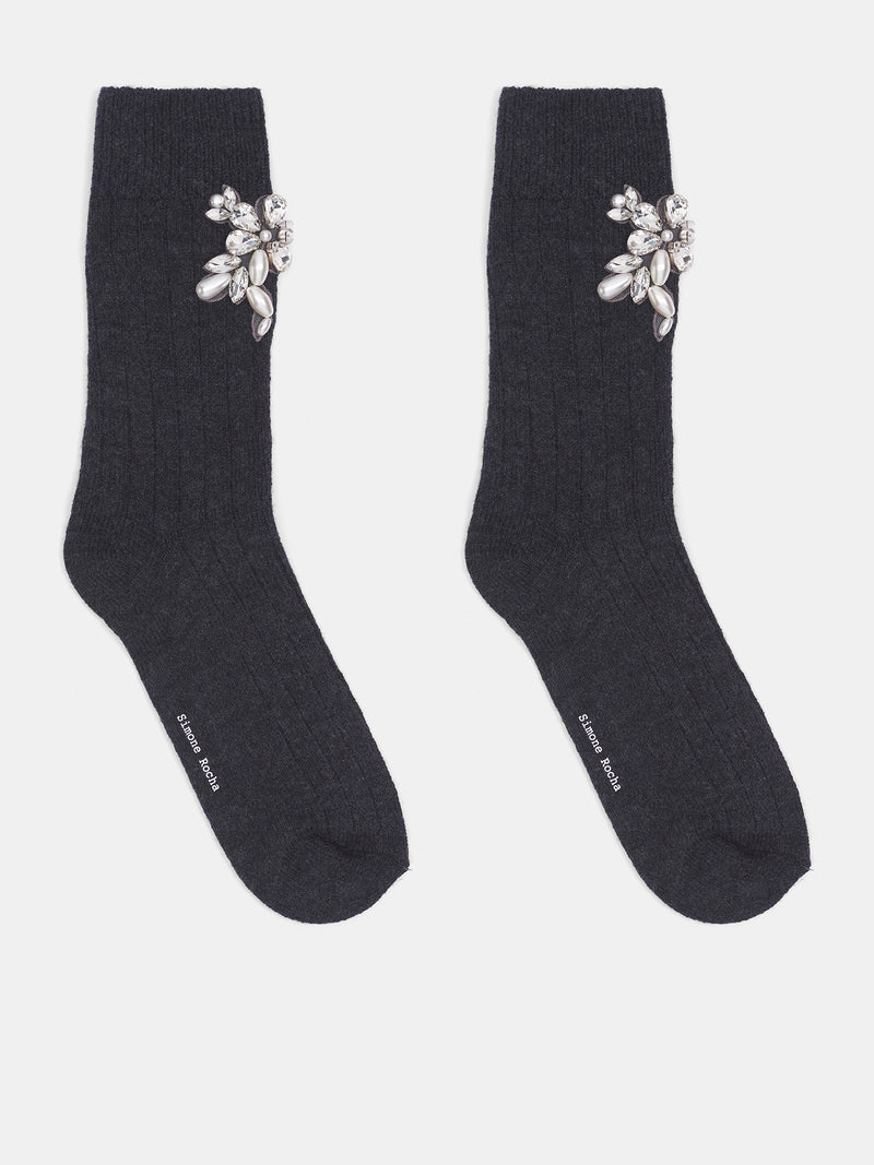 Pearl Crystal Rose Ankle Socks (SOCK66B-0634-CHARCOAL)