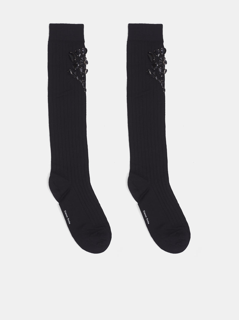 Knee Poppy Crystal Flower Socks (SOCK69B-0647-BLACK-JET)