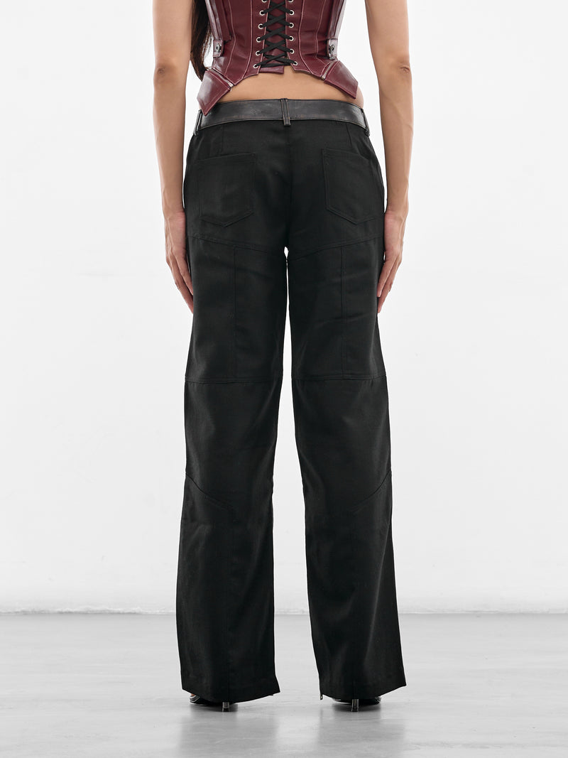 Leather & Wool Patchwork Rider Pants (SS26-PA-03-BLACK-RED)