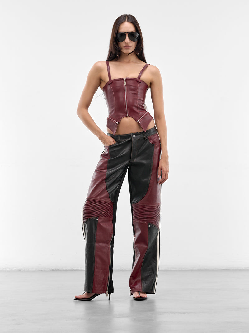 Leather & Wool Patchwork Rider Pants (SS26-PA-03-BLACK-RED)