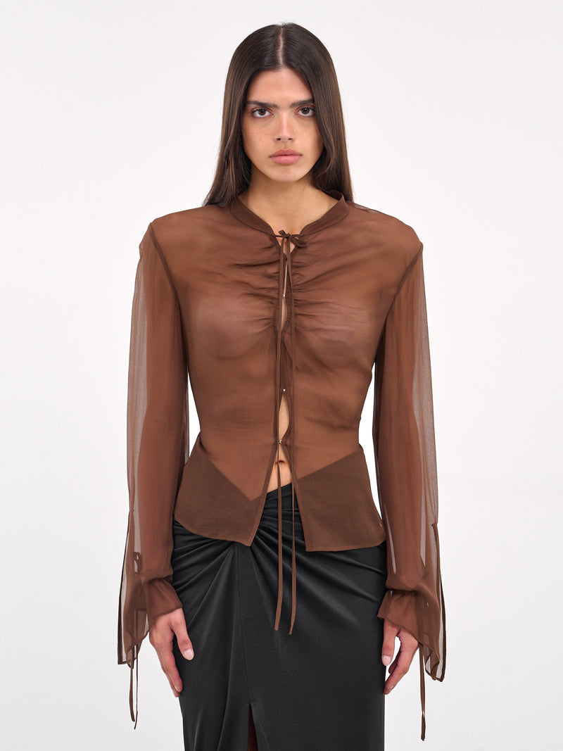 Tie-Fastened Gathering Georgette Shirt (ST07S1BR420-UMBER)