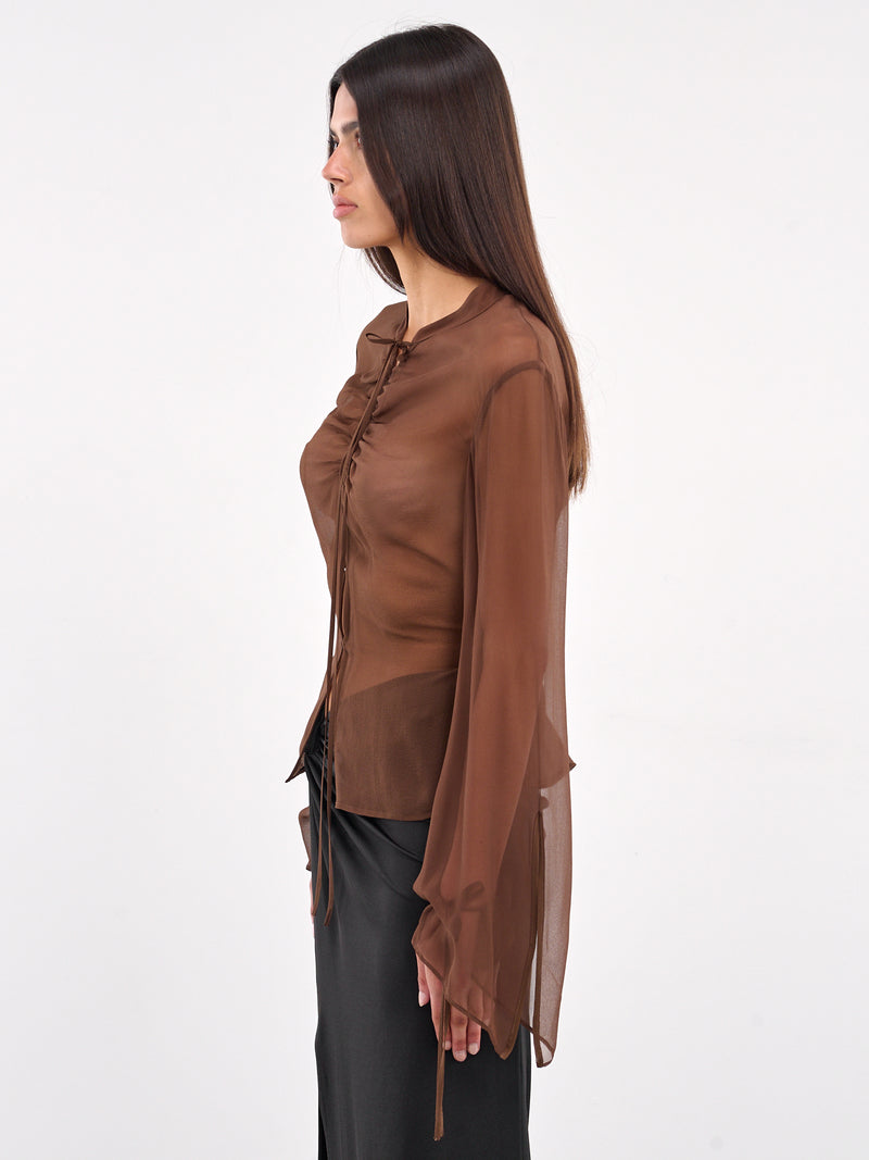 Tie-Fastened Gathering Georgette Shirt (ST07S1BR420-UMBER)