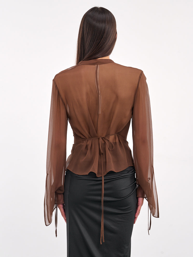 Tie-Fastened Gathering Georgette Shirt (ST07S1BR420-UMBER)