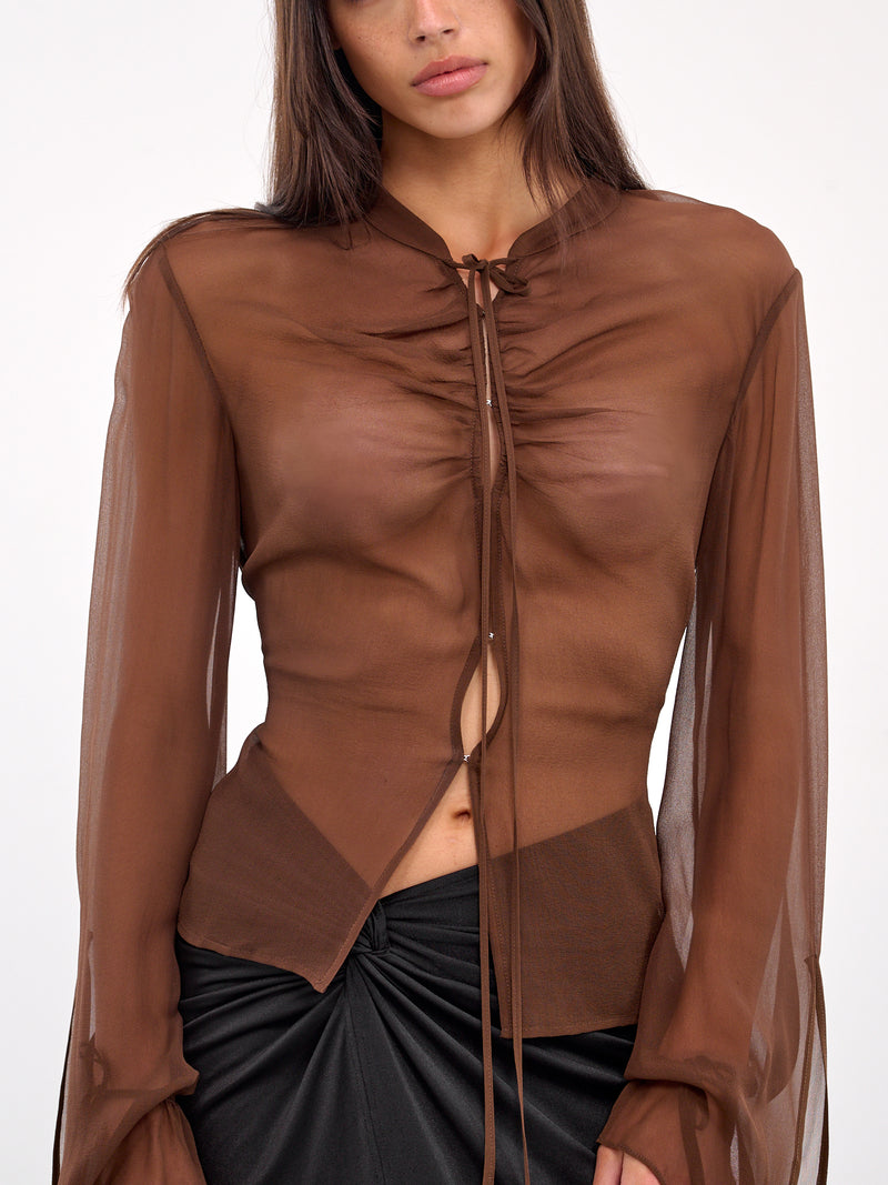 Tie-Fastened Gathering Georgette Shirt (ST07S1BR420-UMBER)