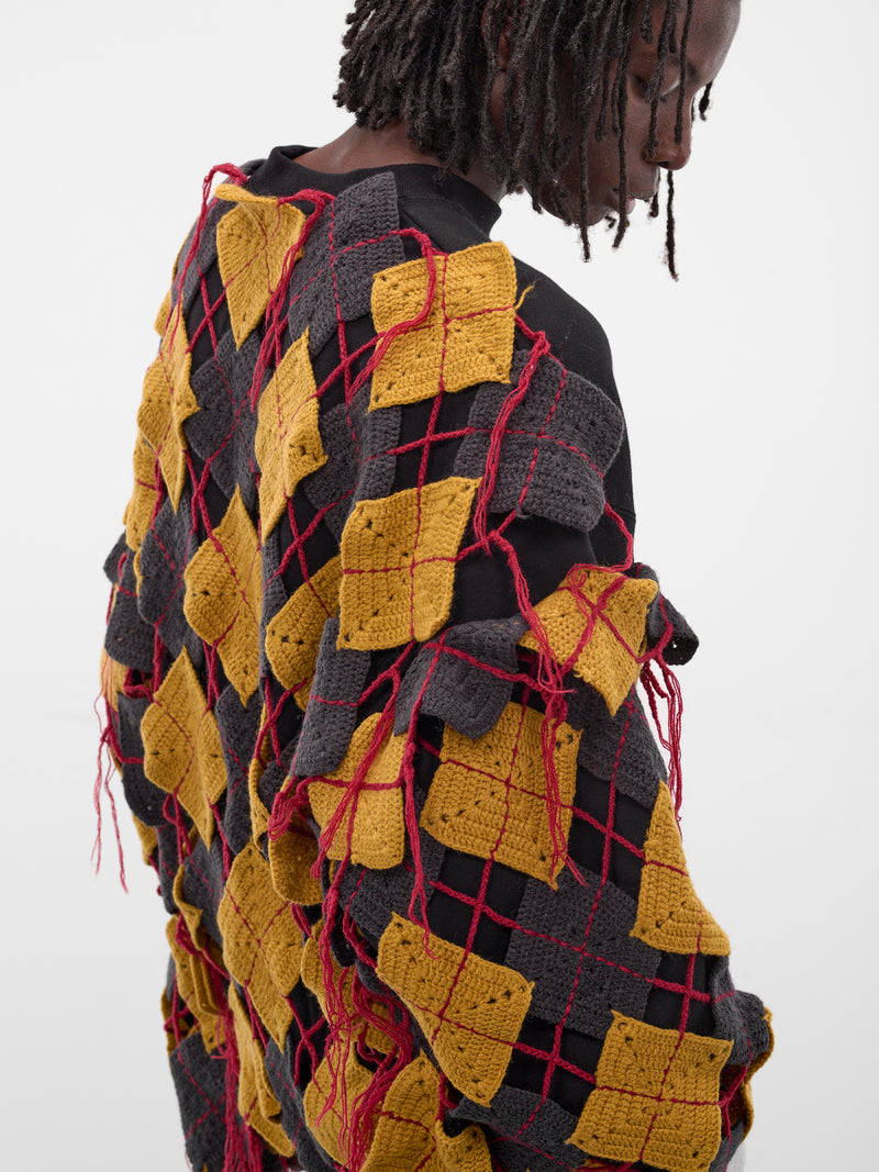 Black Argyle Knit Patchwork Sweatshirt (SW-SV-NGA-1006-BLACK)