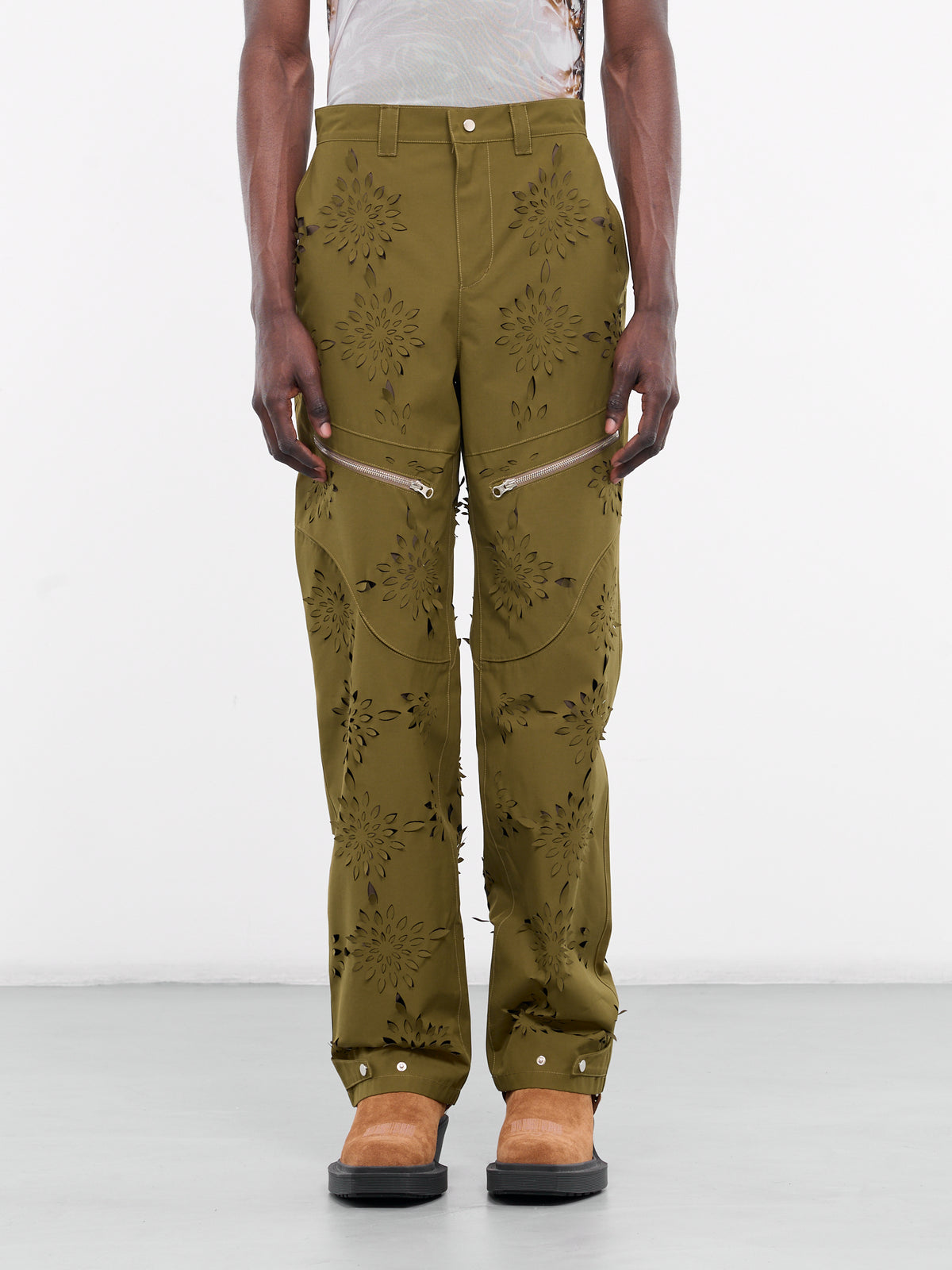 Laser-Slashed Flower Trousers (T08-YELLOW-GREEN)