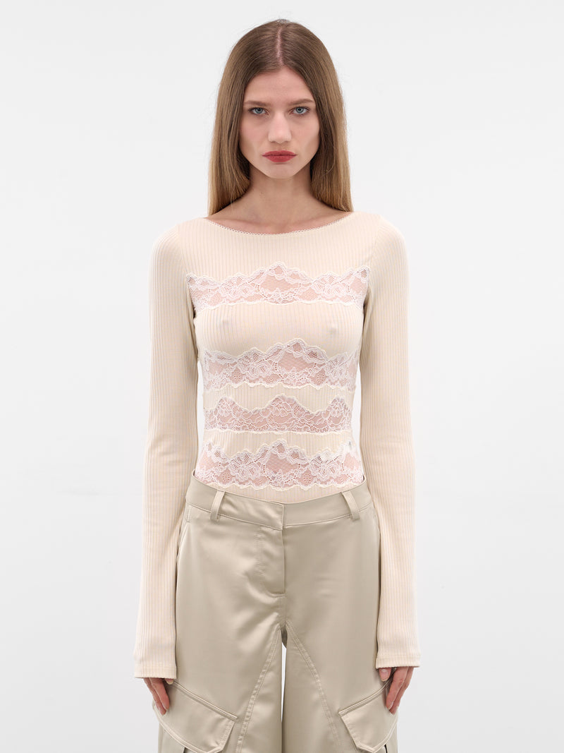 Ecru Paneled Lace Rib-Knit Bodysuit (TO141-ECRU)