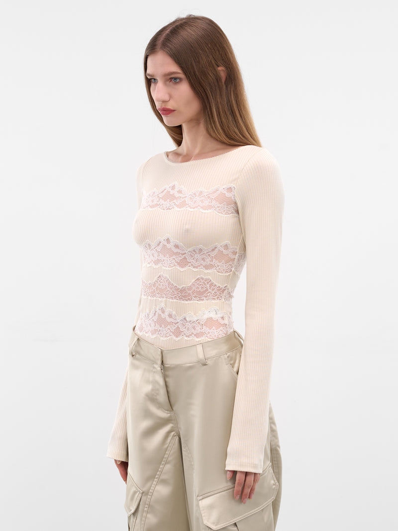 Ecru Paneled Lace Rib-Knit Bodysuit (TO141-ECRU)
