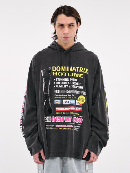 VETEMENTS♡ Dominatrix Hotline ジャージ フーディ Black Jersey 'Dominatrix Hotline' Hoodie by VETEMENTS on Sale