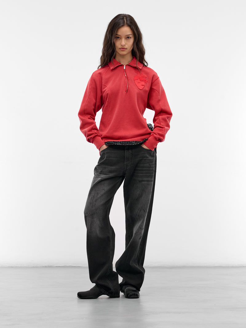 Red Cotton Fleece Asymmetric Pullover (UC1F1807-RED)