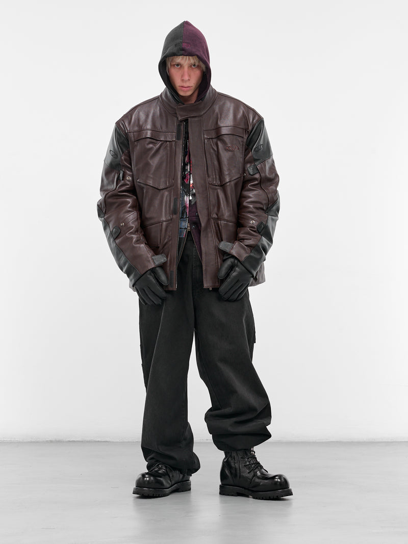 Brown Leather Biker Parka Jacket (UH76LJ750CB-BROWN-BLACK)