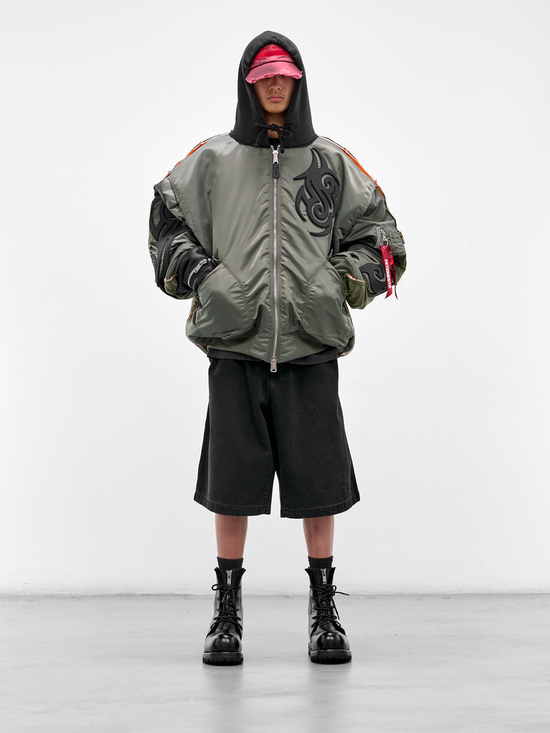 Green Reworked Tribal Bomber Jacket (UH76BO890GG-GREEN-BLACK)