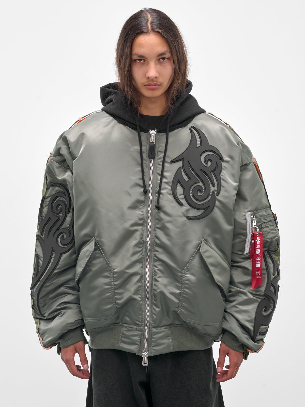 Green Reworked Tribal Bomber Jacket (UH76BO890GG-GREEN-BLACK)
