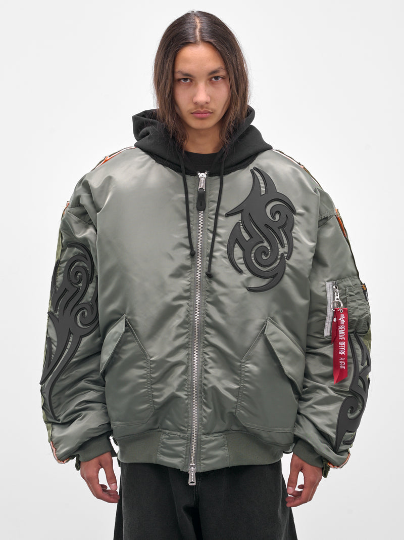 Green Reworked Tribal Bomber Jacket (UH76BO890GG-GREEN-BLACK)
