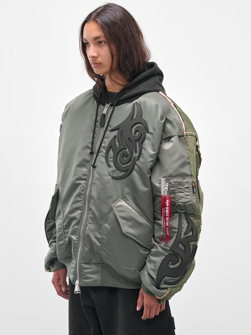 Green Reworked Tribal Bomber Jacket (UH76BO890GG-GREEN-BLACK)