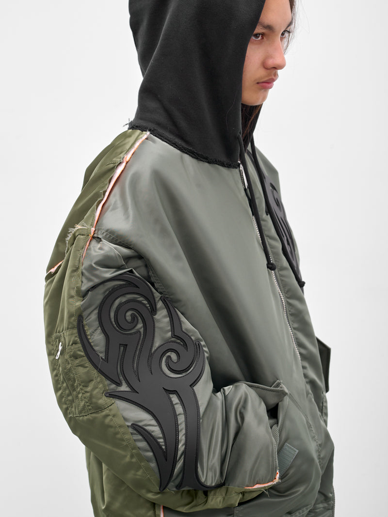Green Reworked Tribal Bomber Jacket (UH76BO890GG-GREEN-BLACK)