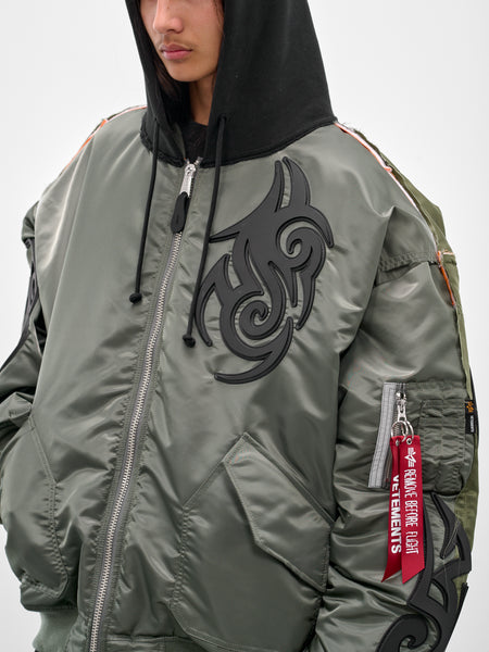 Green Reworked Tribal Bomber Jacket (UH76BO890GG-GREEN-BLACK) Green Reworked Tribal Bomber Jacket (UH76BO890GG-GREEN-BLACK)