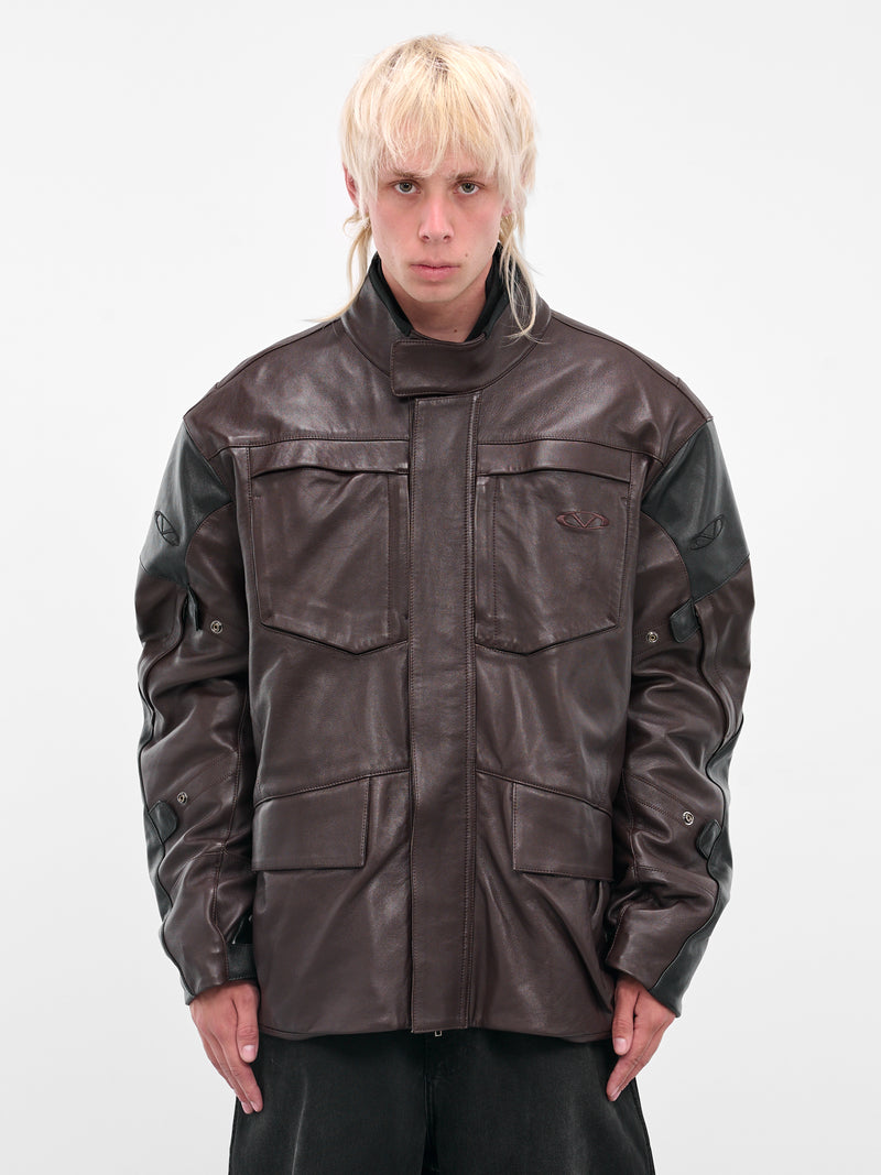 Brown Leather Biker Parka Jacket (UH76LJ750CB-BROWN-BLACK)