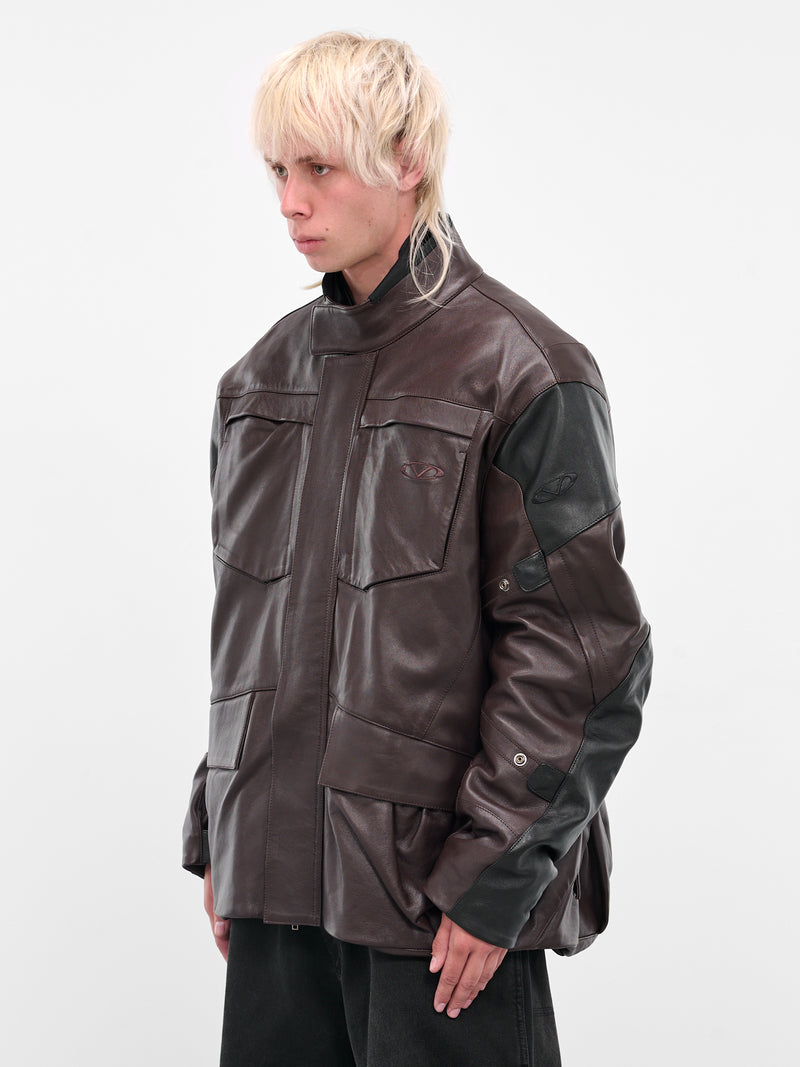 Brown Leather Biker Parka Jacket (UH76LJ750CB-BROWN-BLACK)