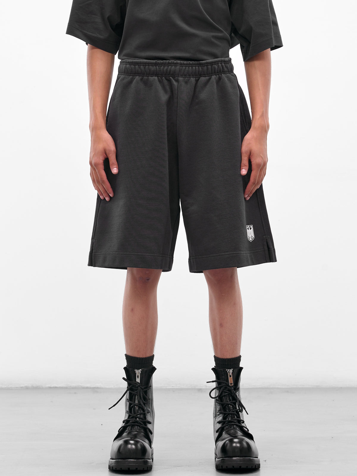 Black 'Polizei' Molton Shorts (UH76SS300B-WASHED-BLACK)