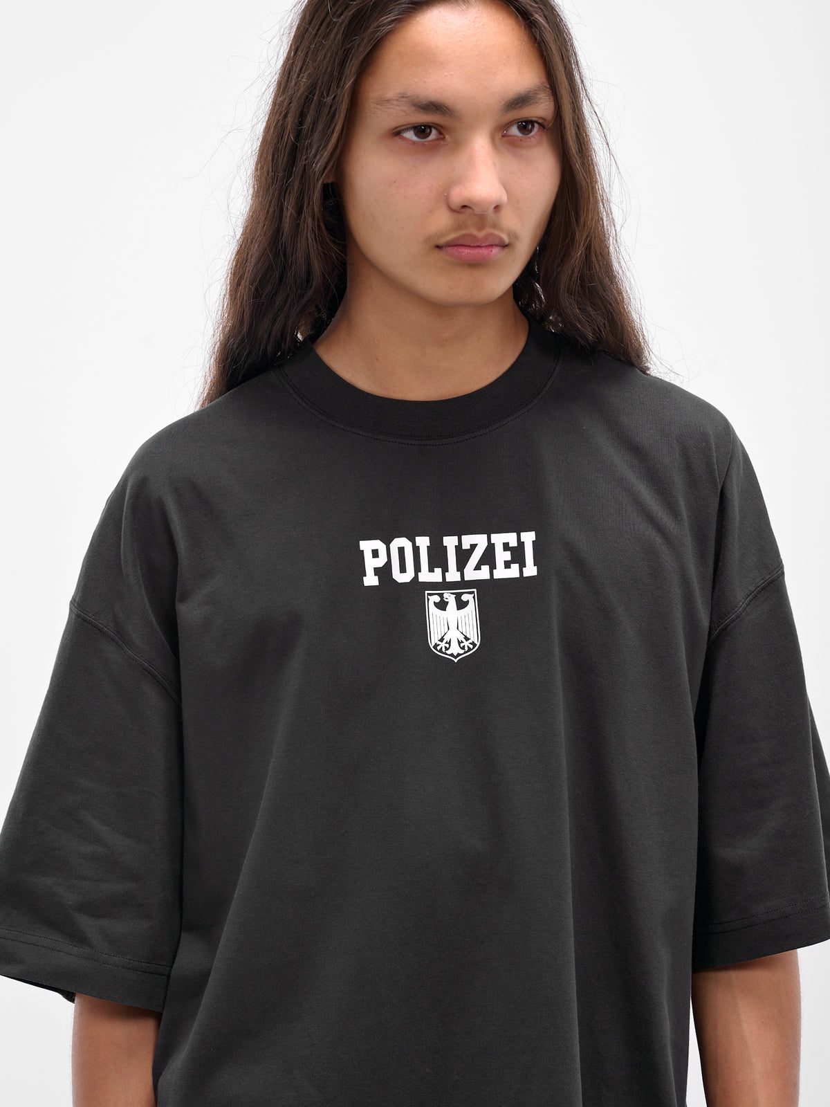 Black 'Polizei' Graphic Oversized Tee (UH76TR300B-WASHED-BLACK)