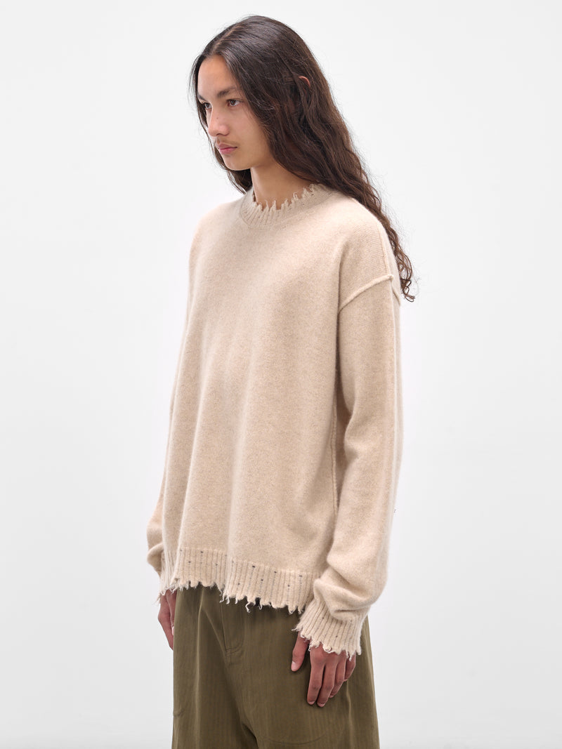 Beige Cashmere Distressed Crewneck Sweater (UK7555-UW200-TAN)