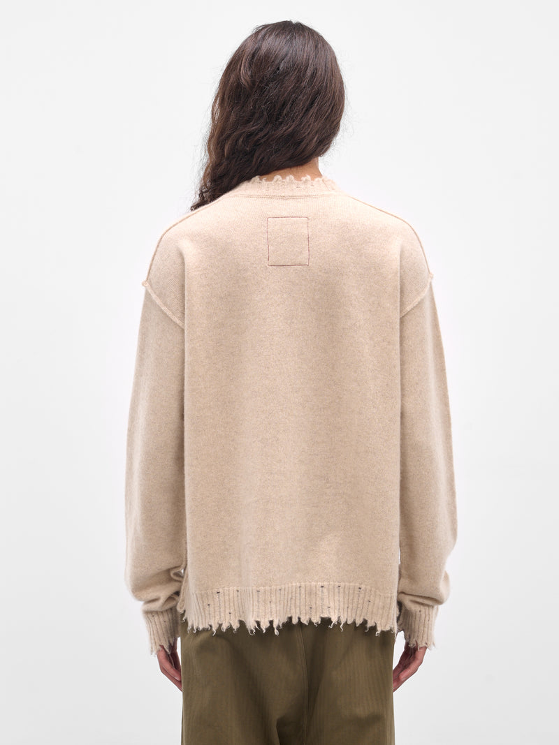 Beige Cashmere Distressed Crewneck Sweater (UK7555-UW200-TAN)