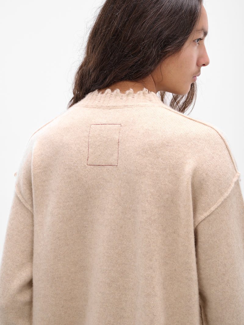 Beige Cashmere Distressed Crewneck Sweater (UK7555-UW200-TAN)