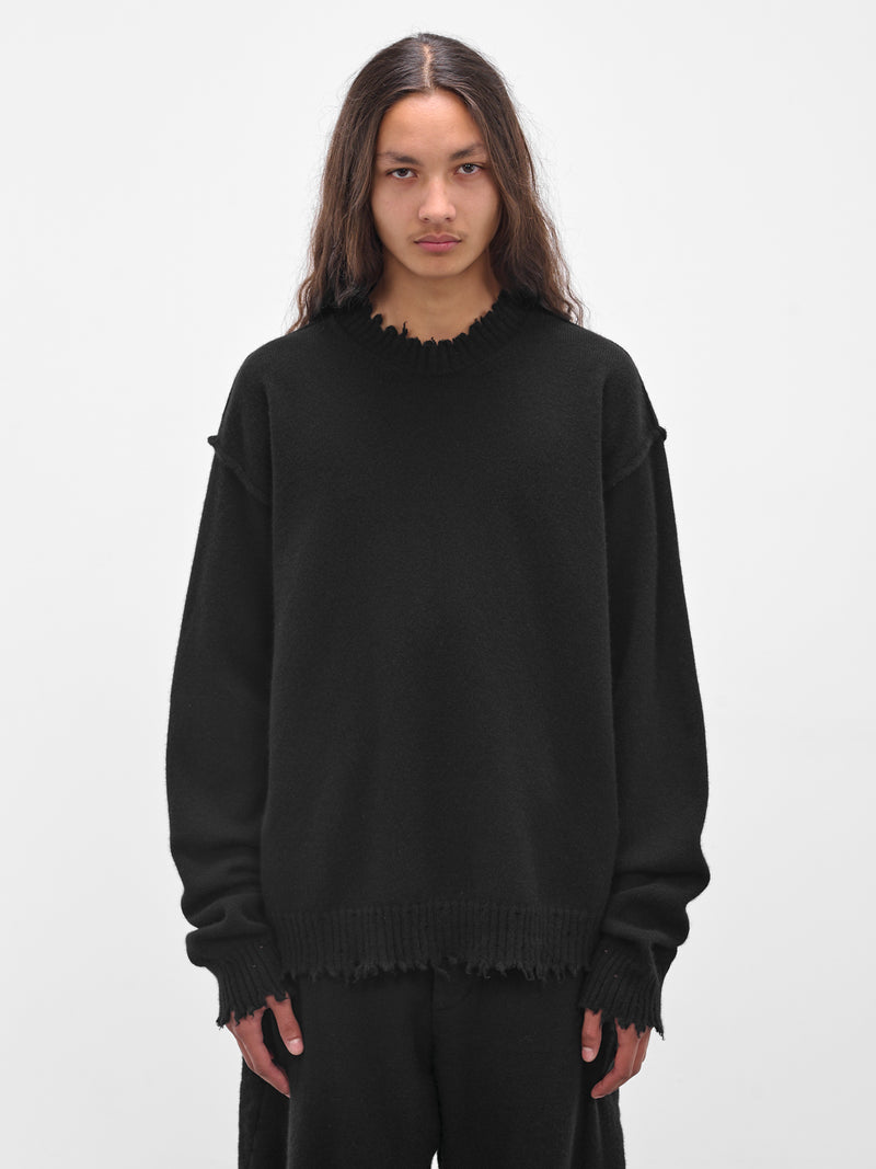 Black Cashmere Distressed Crewneck Sweater (UK7555-UW900-BLACK)