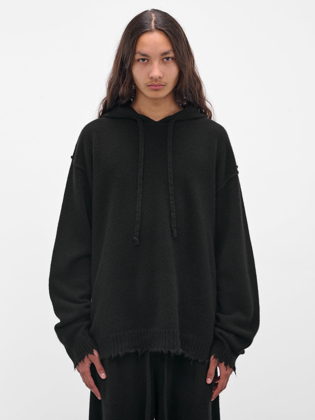 Black Cashmere Distressed Knit Hoodie (UK7559-UW900-BLACK)
