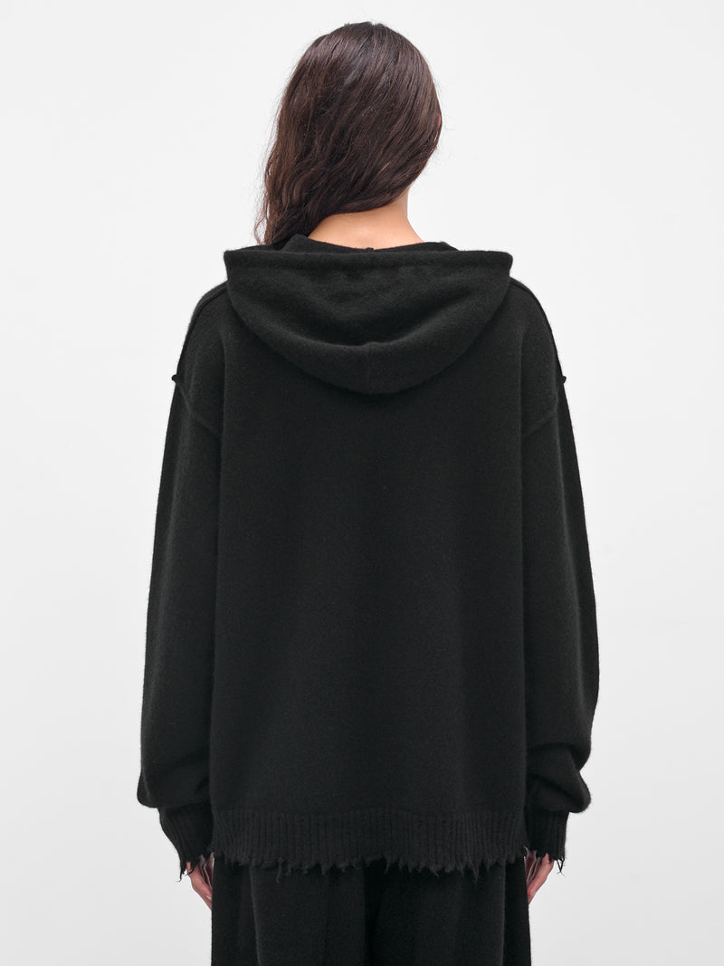 Black Cashmere Distressed Knit Hoodie (UK7559-UW900-BLACK)