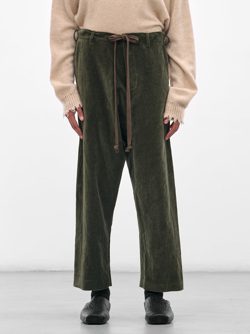 Green 'Perch' Velvet Drawstring Trousers (UM3513-UW490-DARK-GREEN)