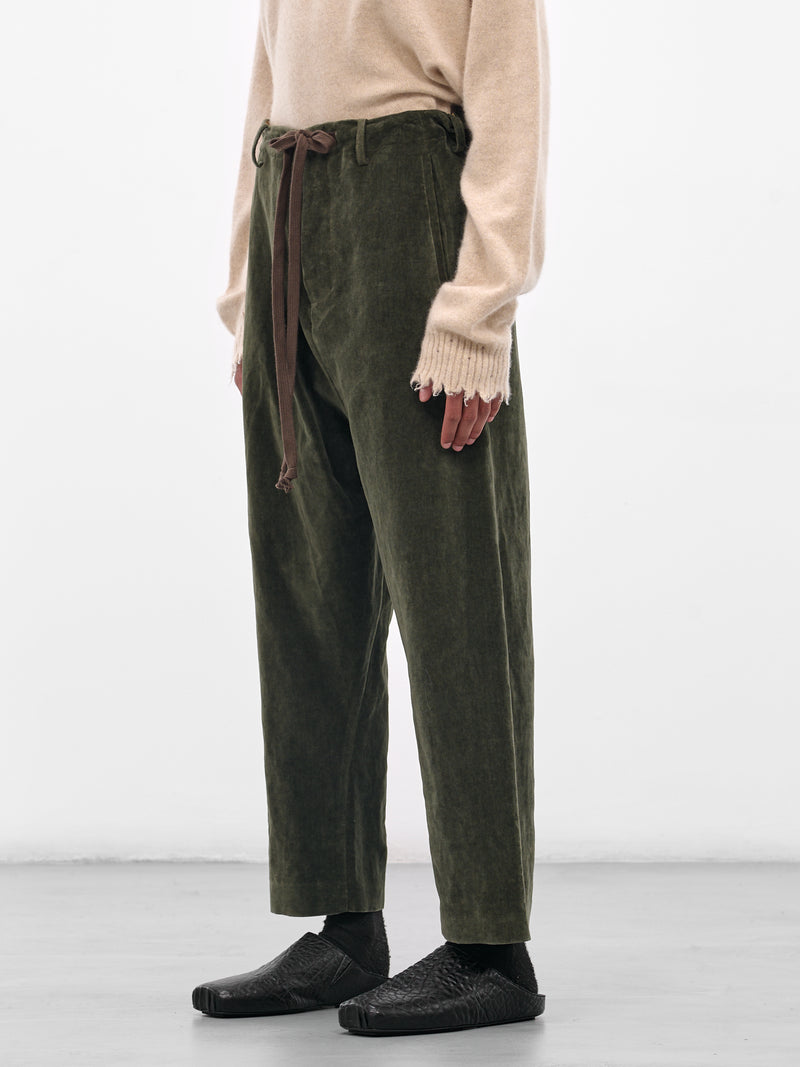 Green 'Perch' Velvet Drawstring Trousers (UM3513-UW490-DARK-GREEN)