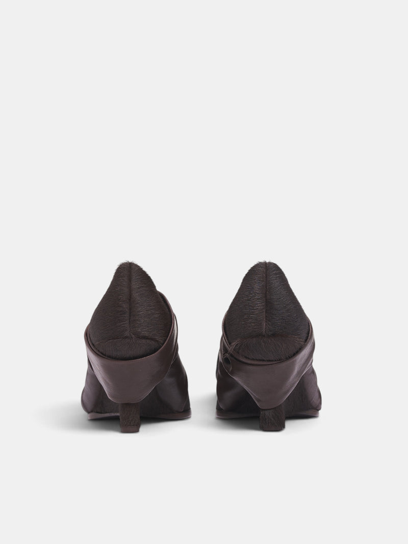 Brown Leather Bow Heeled Mule(US9054-UW600-BROWN)
