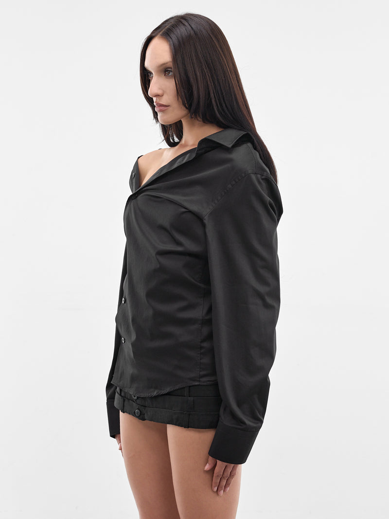 Black Cotton Asymmetric Shirt (W25924702-BLACK)