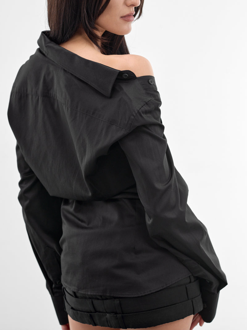 Black Cotton Asymmetric Shirt (W25924702-BLACK)