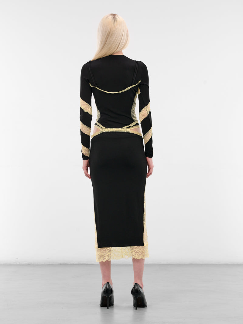 Draped Jersey & Lace Midi Dress (WDR369ACJER0082-BK99-BLACK)