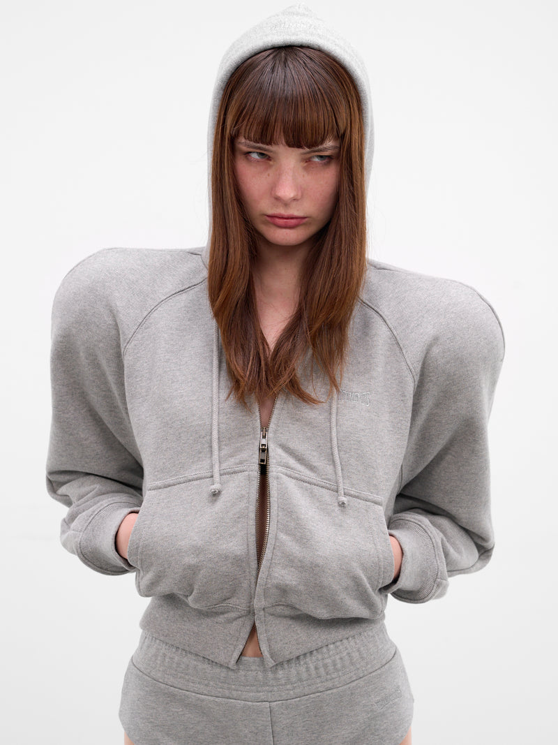 Gray Round Shoulders Zip Hoodie (WE76ZU503G-GREY-MELANGE)