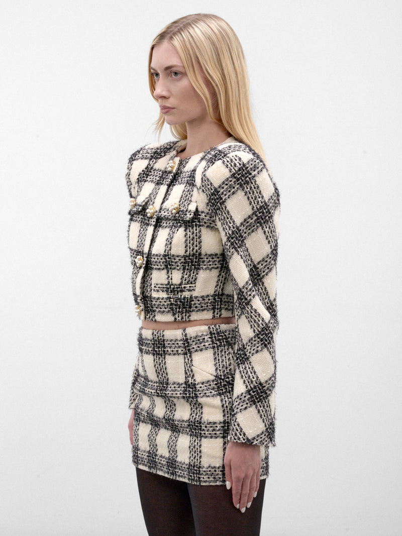 Checkered Tweed Round Shoulder Jacket (WH27JA025WC-WHITE-CHECKERED)